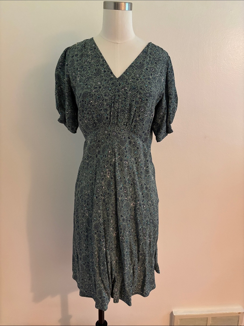 LOFT Teal Green Printed V-Neck Midi Dress